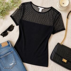 H&M Black Mesh Polka Dot Sheer Top Size Small Y2K Minimalist
